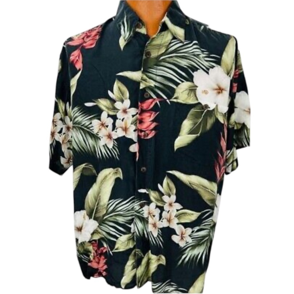 Hawaiian Silk Company Mens Large Silk Tropical Floral Hibiscus Button Down Shirt